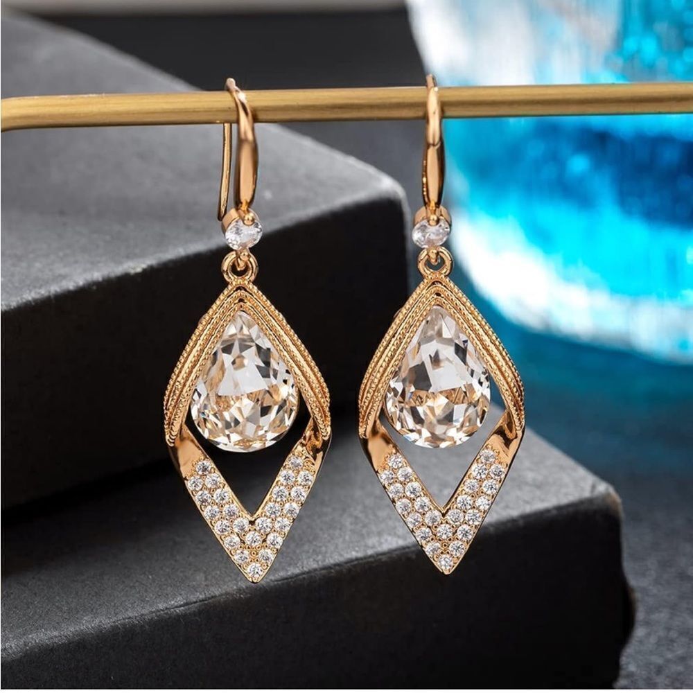 14K Yellow Gold with White Diamond Austrian Crystal Halo Leaf Teardrop Earrings - Picture 4 of 7